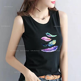 Áo Thun Sát Nách Nữ Bản To In Hình Lông Vũ Thun Cotton 100% Co Giãn 4 Chiều, Mềm Mịn Mặc Mát - Sally Boutique-SN137