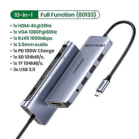 Bộ chuyển đổi USB C to HDMI + VGA + LAN 1Gbps + Hub USB3.0 + SD/TF + Audio Ugreen hàng chính hãng