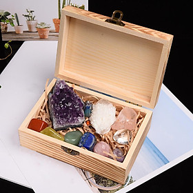 Crystals and  Stones with Wooden Display Box Quartz Mineral Ornaments Home Decoration Gifts