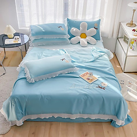 Bộ chăn chần ga gối phi lụa viền bèo LIDACO tone màu pastel nhẹ nhàng decor phòng ngủ xinh xắn