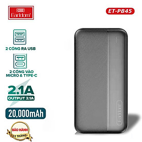 Pin Sạc dự phòng 20.000mAh Earldom PB45, 2 cổng ra USB, 2 cổng vào Micro và Type-C, sạc đầy từ 5-6 lần, dùng cho iPhone/ Xiaomi/Samsung/Oppo – hàng chính hãng