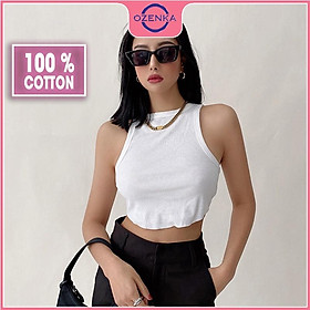 Áo sát nách croptop vạt bầu cổ tròn ôm nữ OZENKA chất len gân đẹp cao cấp đen trắng freesize dưới 50 cân