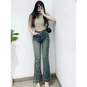 Quần Jean Ống Loe Form Dài Phong Cách Retro Lưng Cao