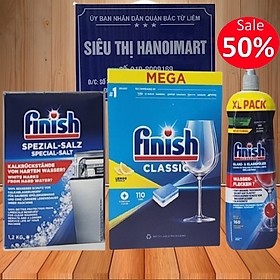 combo muối rửa bát finish 4kgnước làm bóng finish 1150mlviên rửa bát finish 120 viên dùng cho Máy rửa bát - Combo 110V  muối 1.5kg  bóng finish 750ml