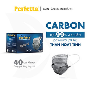 [1 HỘP - PERFETTA CARBON] - Khẩu Trang Carbon Hoạt Tính Chất Lượng Cao, Khử Mùi, Chống Bụi Mịn, Màu Xám Xanh, 4 Lớp, Bảo Vệ Tối Ưu, Đóng Gói Từng Cái - (40 cái/hộp)