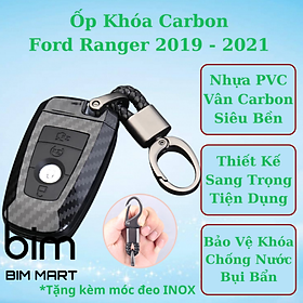 Ốp Vân Carbon Lót Silicon Bọc, Bảo Vệ Chìa Khóa Xe Ford Everest, Ranger 2019 - 2021 ( Tặng kèm móc đeo INOX )