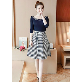 Set Áo Nữ Hở Vai Và Chân Váy Kèm Thắt Lưng BY7005 - Xanh Đen