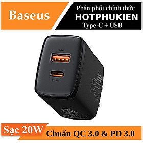 Adapter cóc củ sạc nhanh 20W đa năng USB A & PD Type C hiệu Baseus Compact Quick Charger chuẩn sạc nhanh PD 3.0 & QC 3.0, công nghệ tản nhiệt BCT, chân cắm US-UK - hàng nhập khẩu