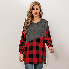 Fashion Women Sweatshirt Plaid Splicing O-Neck Long Sleeve Pullover Rounded Hem Loose Fit Casual Tunic Tops