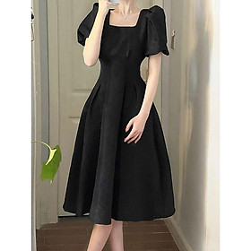 MS899 Váy đầm cổ vuông tay bồng chiết eo dáng xòe thanh lịch