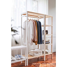 COMBO TỦ QUẦN ÁO LẮP RÁP TINH GỌN SHELF HANGER MÀU TRẮNG PHỐI GỖ VÀ KỆ VUÔNG 5 TẦNG SHELF KIỂU HÀN MÀU GỖ TN