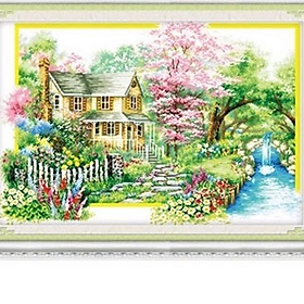 tranh thêu chữ thập ngôi nhà hạnh phúc mùa xuân A550 chưa thêu
