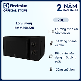 Lò vi sóng Electrolux 20L - EMM20K22B - 5 mức công suất linh hoạt, chương trình cài đặt sẵn, rã đông thực phẩm nhanh chóng và đều [Hàng Chính Hãng]
