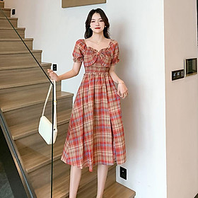 DONGSHOP Phong cách phương Tây Vintage kẻ sọc ăn mặc cho phụ nữ 2023 mùa hè Hàn Quốc phiên bản lỏng lẻo ngã ba bowknot một từ váy