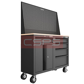 Bộ 2 Tủ dụng cụ CSPS 122cm 05 hộc kéo màu đen mặt ván gỗ kèm vách lưới