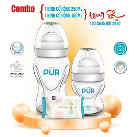 Combo 2 bình sữa Pur cổ rộng 150ml + 250ml - Tặng gói khăn ướt Pur loại lớn 80 tờ