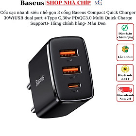 Cốc sạc nhanh siêu nhỏ gọn Baseus Compact Quick Charger 30W(USB dual port +Type C,30w PD/QC3.0 Multi Quick Charge Support)- Hàng chính hãng