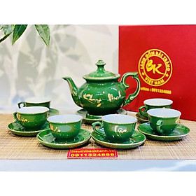 Bộ ấm chén,ấm trà Phúc Lộc Thọ men xanh vẽ vàng xuất xứ Bát Tràng 350ml