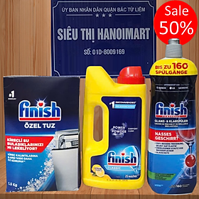 Combo rửa bát Finish: Nước Làm bóng chai 1150ml, Muối hộp 4kg, Bột Classic can 2,5kg - Chính Hãng
