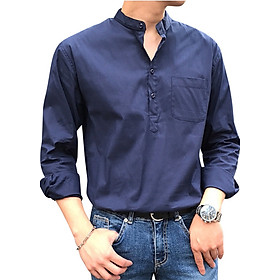 Áo sơ mi nam cổ trụ chui đấu màu xanh đậm
