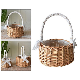 2x Natural Rattan Storage Basket Lace Bow Decor Flower Wicker Indoor Outdoor