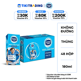 Thùng 48 Hộp Sữa Tươi Tiệt Trùng Dutch Lady Cô Gái Hà Lan Không Đường (48X180ml)