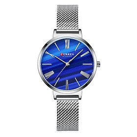 Đồng hồ thời trang nữ CURREN bằng thép không gỉ chống thấm nước 3ATM-Màu Dây đeo lưới bạc & mặt số màu xanh lam