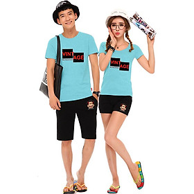 Bộ Áo Thun Đôi Nam Nữ Vitage Màu Xanh Thiên Thanh