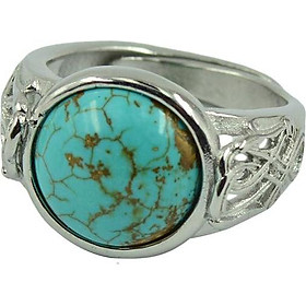 Sliver Copper Hollow Fashion Vintage Adjustable ring natural Round cabochon Turquoise Gemstone For wOMEN men 1 piece