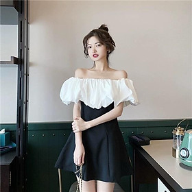 Váy Nữ Viền Bèo Bẹt Vai Sexy So Hot Đầm Nữ Dáng Ngắn Hở Vai Phối Màu Siêu Xinh