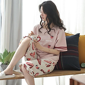 Bộ mặc nhà nữ thun cotton họa tiết strawberry viền bèo (C291)