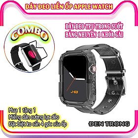 Dây Đeo liền ốp cho Apple Watch size 38/40/42/44mm TPU trong suốt nhuyễn 1 khóa gài_Đen Trong (tặng dán KCL theo size)