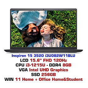 Laptop Dell Inspiron 15 3520 i3U082W11BLU ( Core i3-1215U / 8GB (1x8GB) DDR4 / SSD 256GB M.2 PCIe / 15.6” FHD 120Hz 250nits / Intel UHD Graphics /…