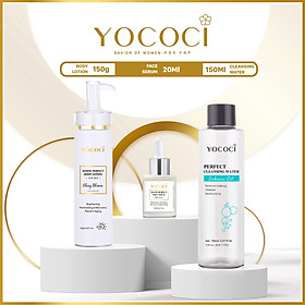 Bộ 3 sản phẩm Yococi Perfect gồm 1 serum dưỡng trắng da 20ml, 1 kem dưỡng trắng body 150g & 1 nước tẩy trang 150ml