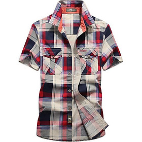 Men'S Casual Short Sleeve Plaid Shirt Cotton Stripe