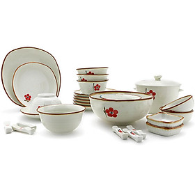 Bộ chén dĩa bàn ăn (tô chén đĩa)  men trắng kem vẽ hoa đào đỏ 6 người MNV-BBA01-7