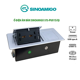 Hộp ổ điện âm bàn đa năng Sinoamigo STS-PU01S-Qi màu bạc. Tích hợp sạc không dây 15W, cổng sạc USB-C, USB-A