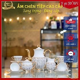 Bộ ấm chén uống trà cao cấp TÂN CỔ ĐIỂN Sang trọng, Gốm Sứ Tiệp Khắc, Ấm chén cao cấp mạ vàng 24K ACTN9, Bộ ấm chén châu Âu Tân Cổ Điển