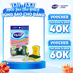 Miếng Bọt Biển Rửa Chén MyJae 2 Mặt, Mút Xốp Rửa Bát Đa Năng Kèm Miếng Nhựa Hít Kê 11.3cm x 7.8cm x 2.7cm (2 Miếng/Gói)