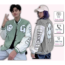 Áo Bomber Nhung Gân Thêu G Chất Nhung Mịn Đẹp Form rộng Unisex Nam Nữ Couple, Áo khoác bomber nam nữ thu đông vải nhung tăm 2 màu đen be cá tính