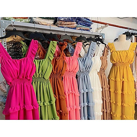 Đầm maxi nữ voan phối tầng bo eo ảnh thật mẫu mặc gây bao thị trường việt bkfrreship