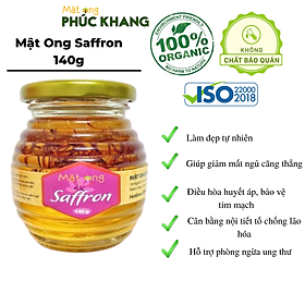 Mật ong Saffron Phúc Khang 140g - Hũ thủy tinh cao cấp - Tiêu chuẩn chất lượng ISO 22000 - Ngăn ngừa lão hóa Cân bằng nội tiết tố - giảm căng thẳng - mất ngủ ,Bảo vệ tim mạch - Thảo dược an toàn , Tự nhiên