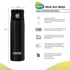 Bình Giữ Nhiệt Carez IBC416SK420N - Đen - 420ml, Inox 316, Không chứa BPA - Giữ nóng đến 7 tiếng, giữ lạnh đến 18 tiếng - Hàng chính hãng