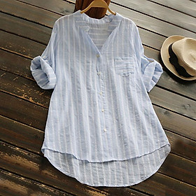 Áo Sơ Mi Sọc Nữ Cổ Chữ V Xanh Nhạt (Size S)
