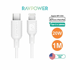 Dây Cáp Sạc USB Type C To Lightning Chuẩn MFI C94, Sạc Nhanh 20W iPhone iPad, Dài 1M RAVPower RP-CB054 - Hàng Chính Hãng
