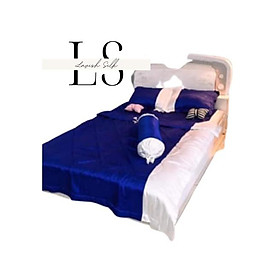 Trọn Bộ Chăn Ga Gối Phi Lụa Phối Lavish Silk Cao Cấp Mát Lạnh Hàng Loại 1 Không Nối Vải - Xanh Phối Trắng