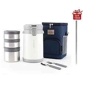 Bộ Hộp Cơm Giữ Nhiệt Lock&Lock Easy Carry 2L LHC8039 Có Túi (1 Hộp 720ml, 2 Hộp 420ml Kèm 1 Bộ Muỗng Và Nĩa) Kèm Ống Hút Inox 304