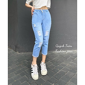 Quần Baggy Jean Nữ Lưng Thun Mẫu Rách Lật Lai Màu Xanh Nhạt