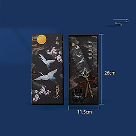 Bút lông vũ hạc đen trắng kèm hộp mực phong cách cổ trang