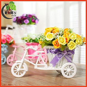 Giỏ hoa lụa - Xe đạp hoa hồng tỉ muội để bàn cao 20cm trang trí nhà cửa